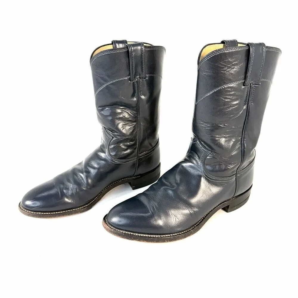 Vintage Justin Roper Men’s 8.5D Cowboy Western Boots Dark Blue Gray Leather 3024